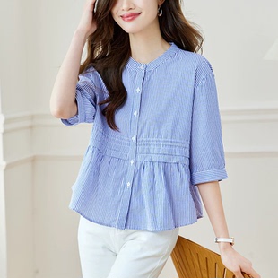 法式 纯棉短袖 新款 女2026夏季 宽松圆领条纹衬衣设计感显瘦上衣 衬衫