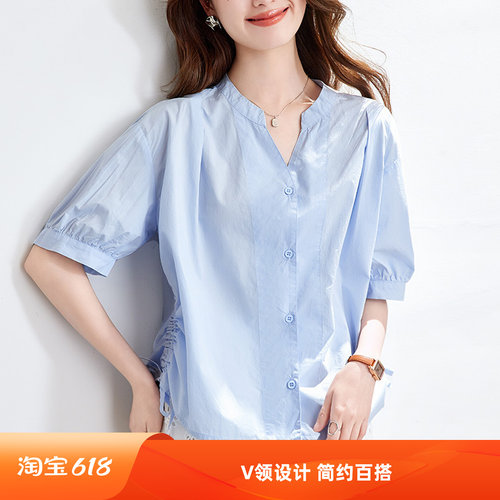 夏季V领纯棉短袖褶皱衬衫女