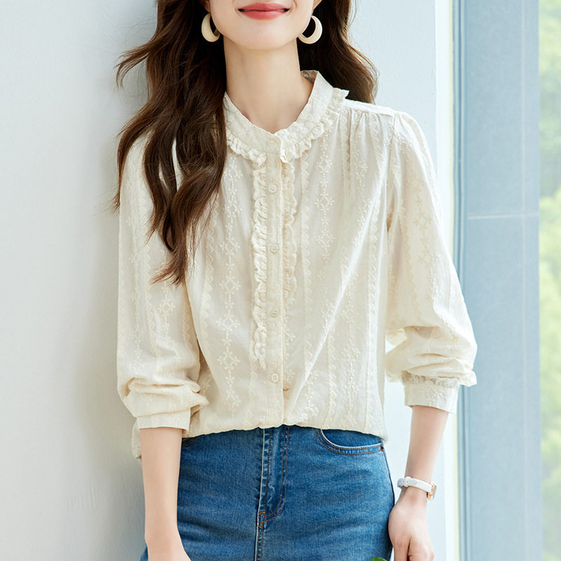 绣花衬衫女长袖2026新款春季圆领木耳边上衣显瘦洋气减龄纯棉衬衣
