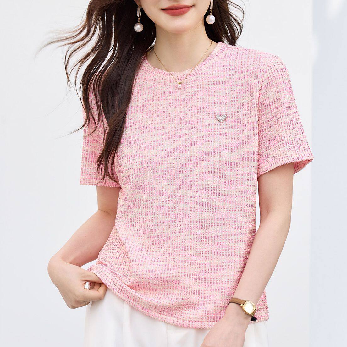 小香风短袖T恤女款2026新款夏季半袖修身设计感气质正肩修身上衣