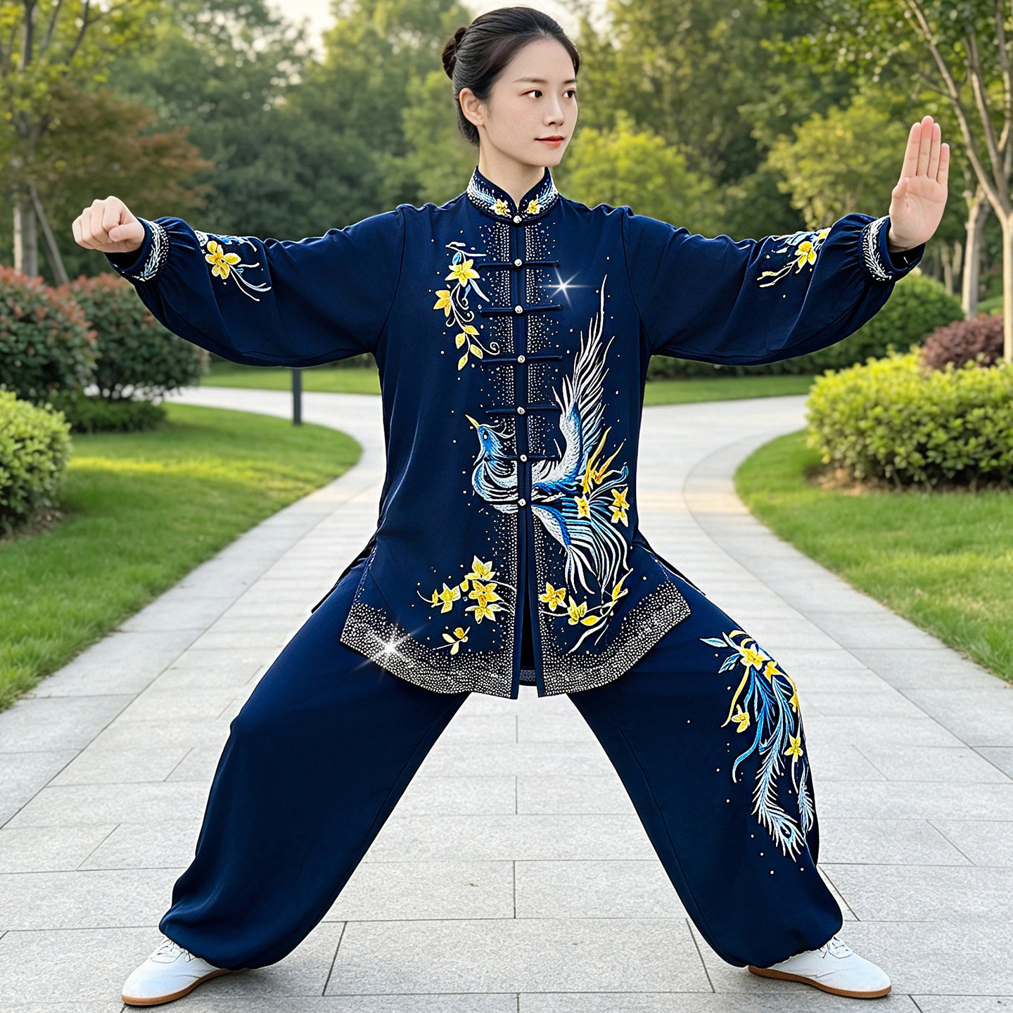 恋太极新款刺绣太极服女藏蓝色烫钻表演比赛服男款武术团体服亮钻