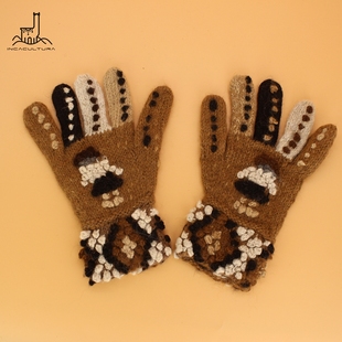 PERU秘鲁进口羊驼毛线手工编织高原冬季 手套 保暖毛绒手套半指女款