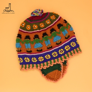 PERU秘鲁进口印加成人针织帽南美甜美可爱羊驼毛手工毛线帽子