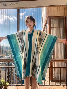 PERU秘鲁进口图腾外套披肩南美风格 羊驼毛秋冬披肩披风斗篷女款