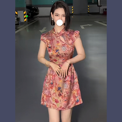 新中式镂空盘扣印花连衣裙