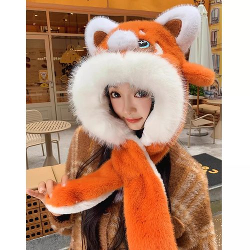 可爱小浣熊毛绒帽子围巾