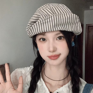 日系文艺复古条纹八角帽子女夏季棉麻透气贝雷帽百搭显脸小报童帽