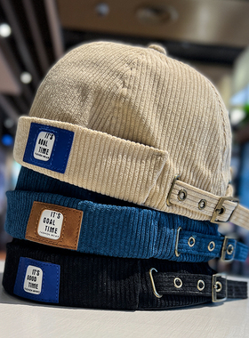 日系复古灯芯绒瓜皮帽男女秋冬季嘻哈地痞帽子街头潮人无檐地主帽