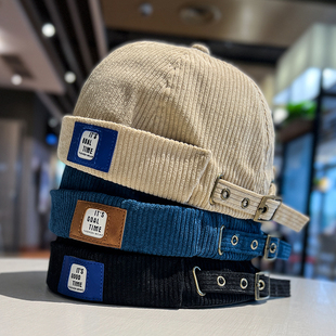 日系复古灯芯绒瓜皮帽男女秋冬季 嘻哈地痞帽子街头潮人无檐地主帽