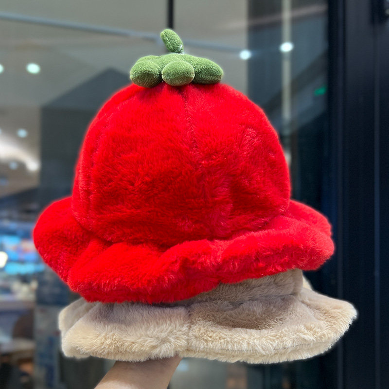 红色小番茄毛绒帽子女冬季软糯加厚渔夫帽卡通学生百搭显脸小盆帽,服饰配件/皮带/帽子/围巾,帽子,淘宝优惠券,粉丝福利购,淘宝优惠卷