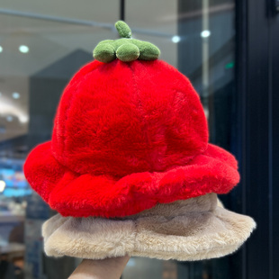 红色小番茄毛绒帽子女冬季软糯加厚渔夫帽卡通学生百搭显脸小盆帽