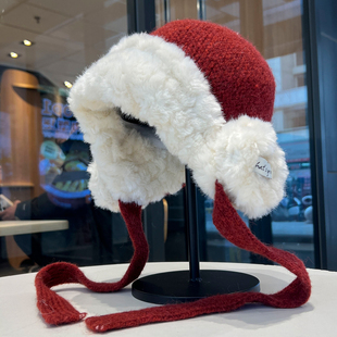 冬日加厚红色毛线帽子女时尚百搭骑行防风护耳雷锋帽显脸小毛绒帽