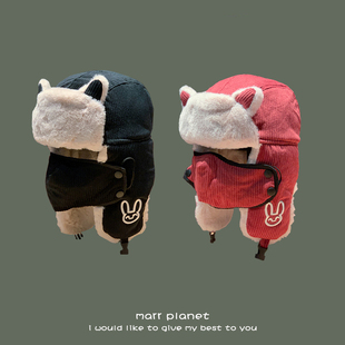 韩版可爱耳朵雷锋帽女冬季加厚护耳帽子百搭骑车口罩挡风包头帽男