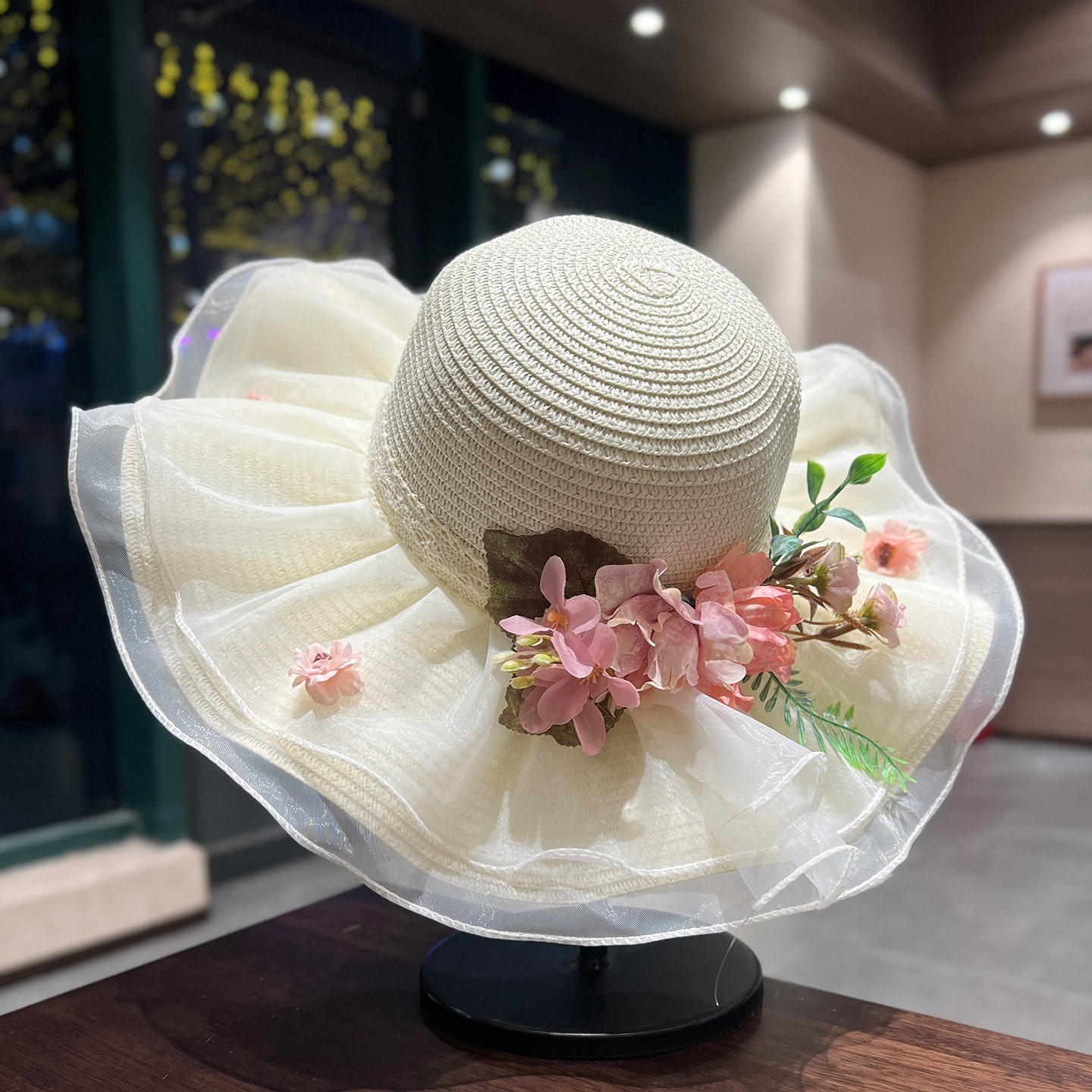 法式蕾丝仿真花朵草帽女海边沙滩度假风波浪边大帽檐遮阳防晒帽子