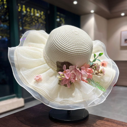 法式蕾丝花朵大檐防晒草帽女