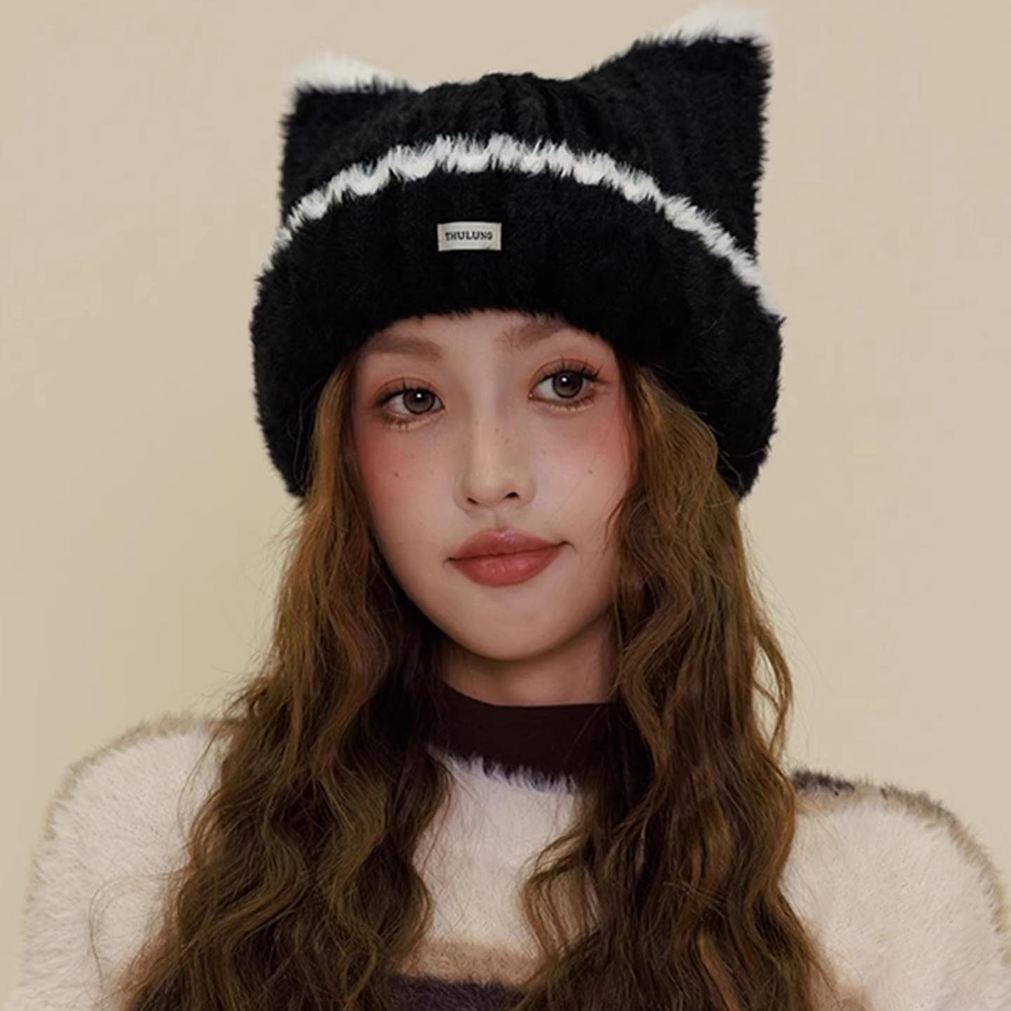 韩版猫咪耳朵针织保暖护耳帽女