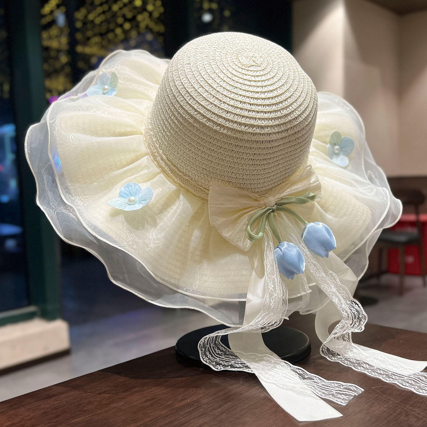 冰蓝郁金香蕾丝飘带大檐草帽女