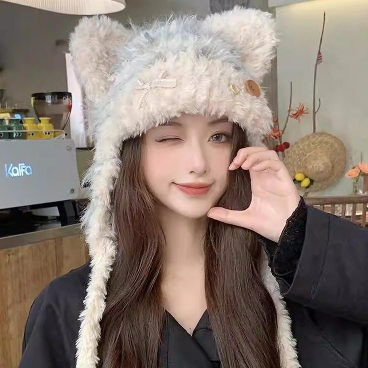 秋冬毛绒护耳帽女保暖显脸小