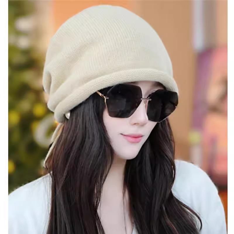 韩系卷边抽绳针织堆堆帽