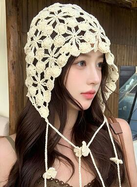手工钩织镂空花朵流苏包头帽女