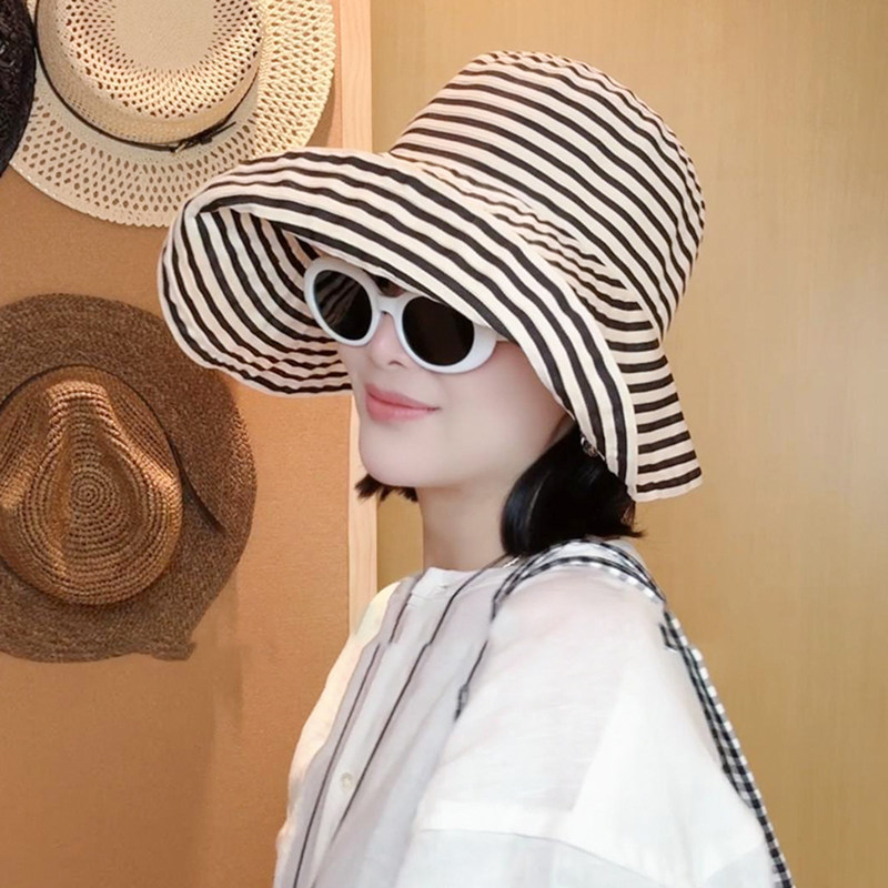 黑米条纹大檐渔夫帽女夏季可折叠百搭休闲遮阳帽户外防晒太阳帽子