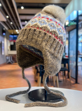 费尔岛复古针织毛线帽女冬季东北加厚保暖护耳帽子可爱毛球雷锋帽