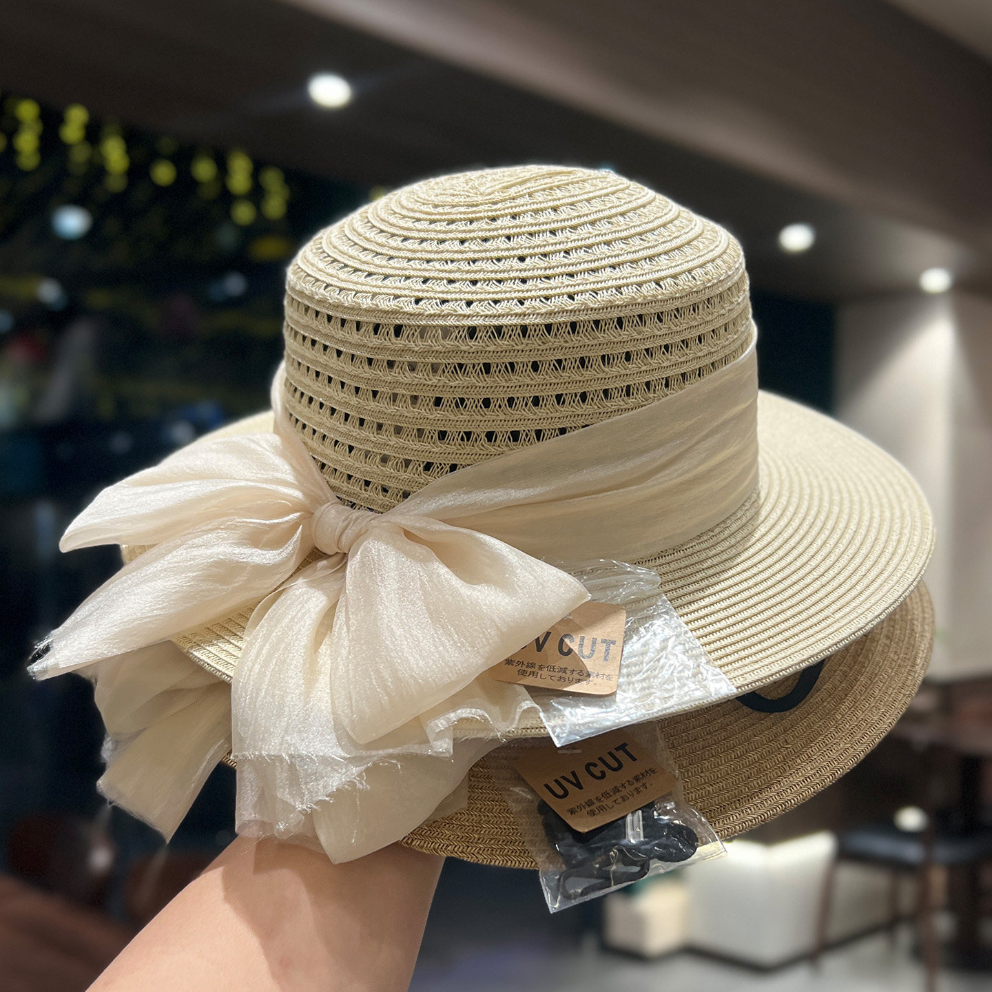 欧根纱蝴蝶结优雅防晒草帽女款