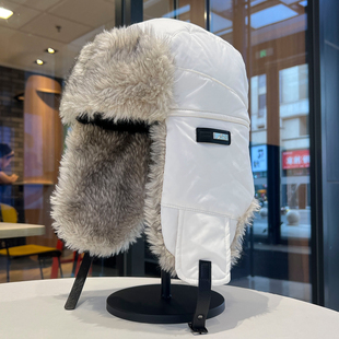 白色雷锋帽女冬季加绒加厚电动车户外骑车防水护耳防风东北风雪帽