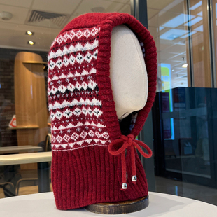 费尔岛提花巴拉巴克法帽女秋冬季系带显脸小护耳雷锋帽子围巾一体