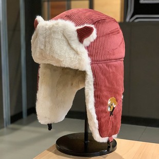 韩版可爱刺绣小狗雷锋帽女冬季灯芯绒加厚护耳帽户外防风东北帽男