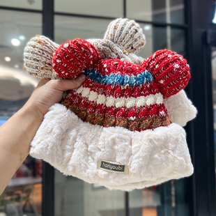 圣诞红色针织帽子女秋冬季加厚保暖护耳帽韩版可爱耳朵拼色毛绒帽