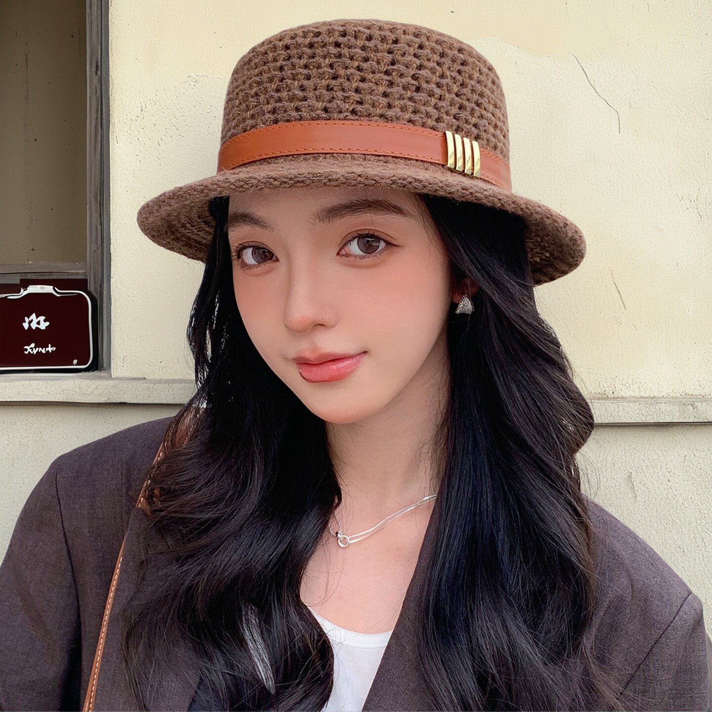 法式复古镂空平顶帽子女宽檐百搭显脸小秋季新款时尚百搭针织礼帽
