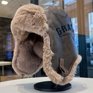 皮质雷锋帽男冬季加绒加厚保暖大头围护耳帽骑车防寒东北滑雪帽女