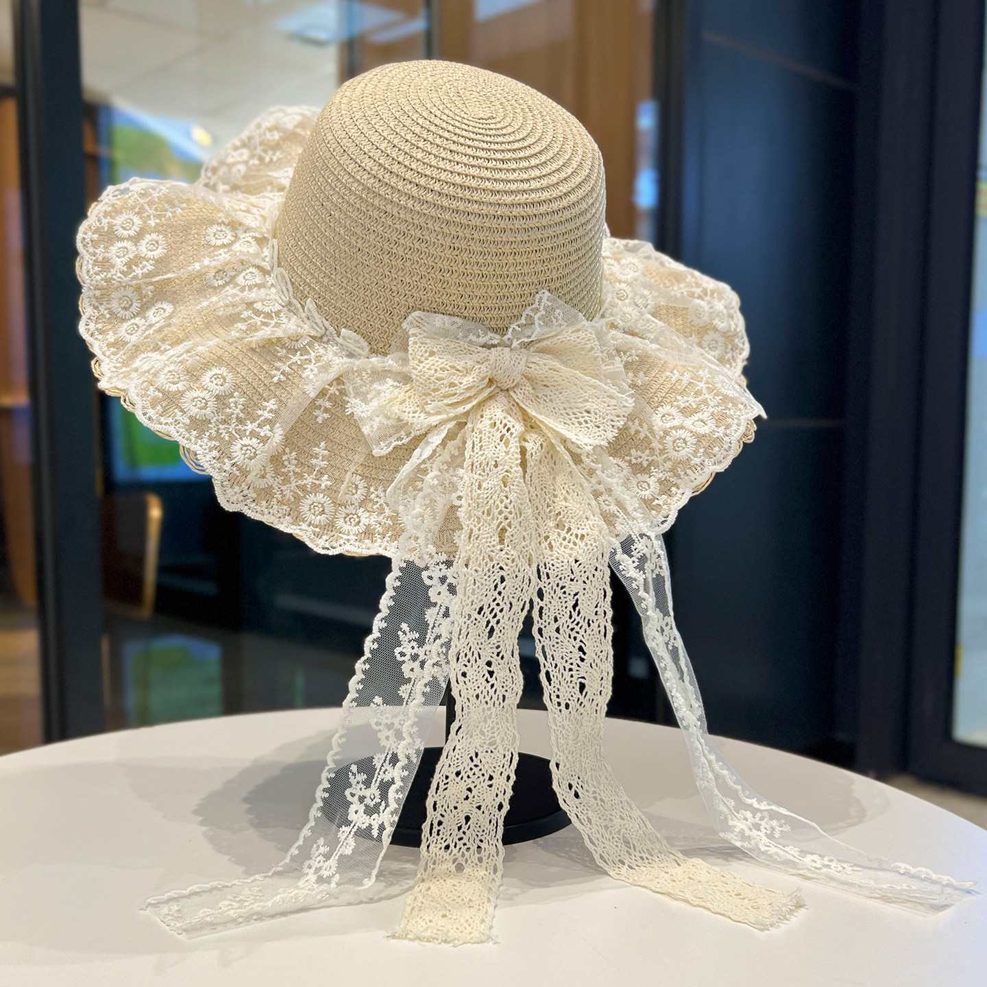 蕾丝蝴蝶结草编帽子女夏季出游海边沙滩遮阳帽户外百搭防晒渔夫帽