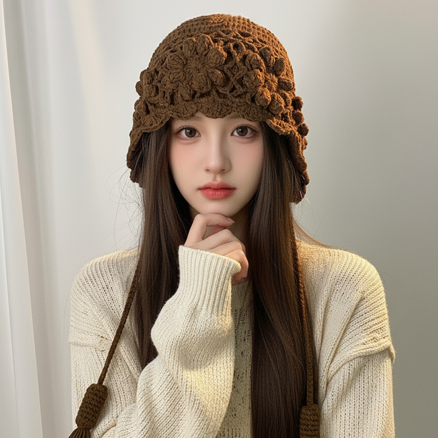 手工钩织花朵流苏毛线帽女秋冬