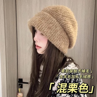 羊羔混纺加长毛绒感大版加厚堆堆帽子女秋冬季针织毛线帽包头冷帽