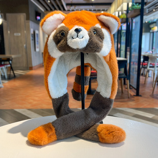 可爱卡通小浣熊耳朵会动毛绒帽子女秋冬季加厚保暖防寒护耳雷锋帽