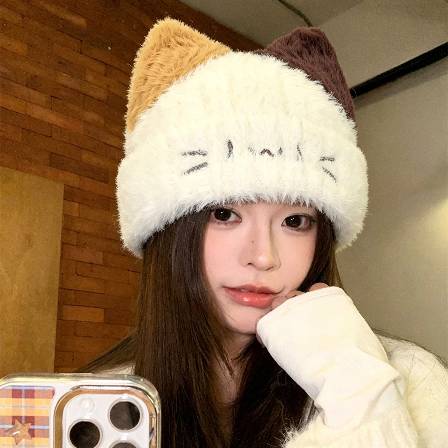 可爱三花猫毛绒保暖针织帽女款