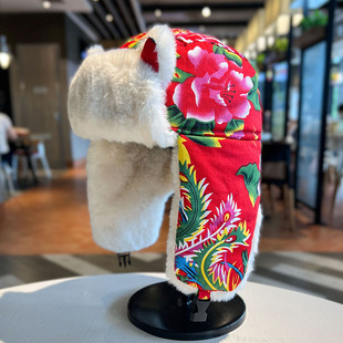 2025新款东北大花雷锋帽女加厚加绒护耳帽子户外防寒骑车防风帽男