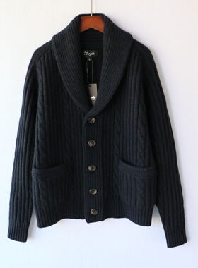 复古翻领麻花纹针织开衫男藏蓝色双口袋加厚保暖毛衣羊毛外套