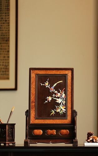 老挝大红酸枝百宝嵌喜上眉梢插屏镶嵌缅花瘿子瘤疤料文玩收藏送礼