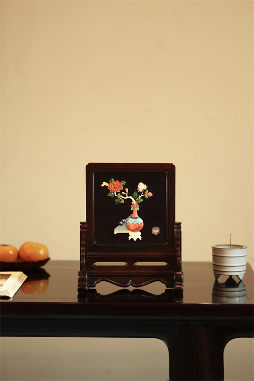 老挝大红酸枝百宝嵌清供图插屏榫卯结构制置案清赏文玩木雕收藏品