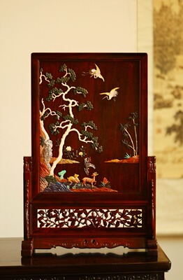 印度小叶紫檀百宝嵌鹤鹿同春插屏