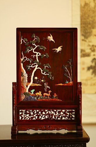 印度小叶紫檀百宝嵌鹤鹿同春插屏