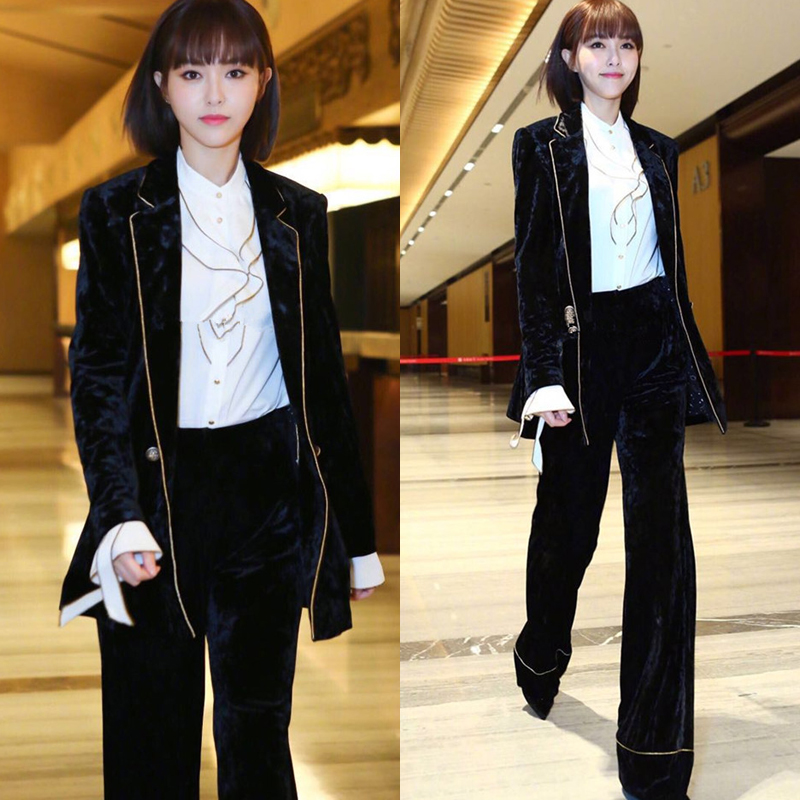明星唐嫣同款春秋新款欧美小西装套装女两件套外套阔腿裤金丝绒女