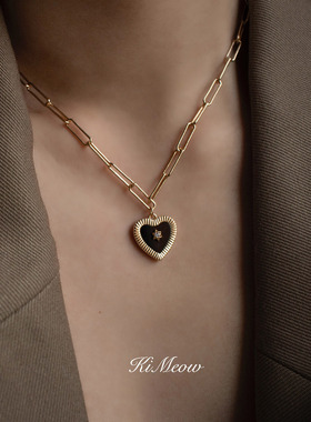 KiMeow 黑桃A 黑玛瑙爱心吊坠纯银14K金短款锁骨链女项链轻奢小众