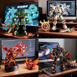 新款 益智玩具生日礼物 四神兽积木国风变形机甲模型男孩高难度拼装