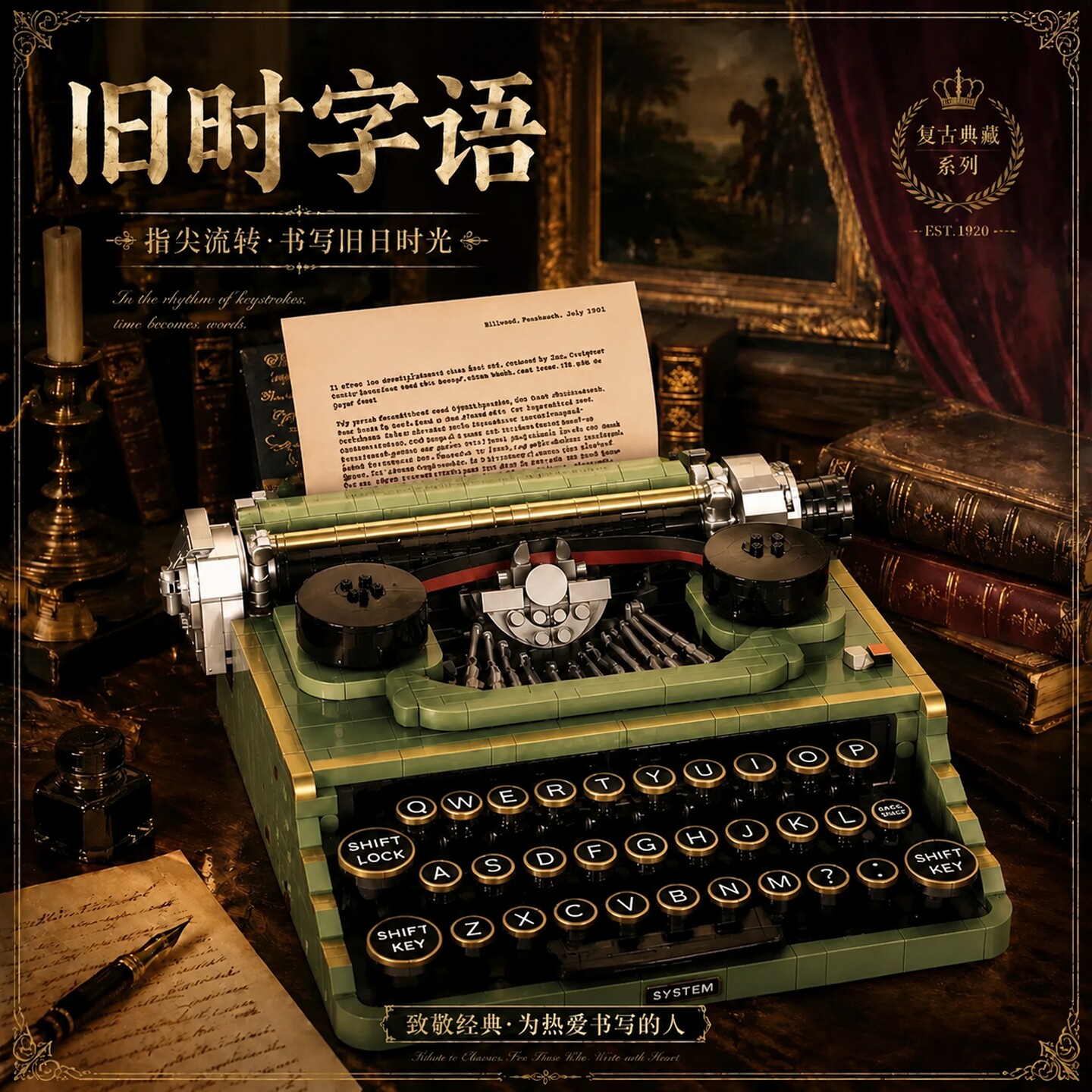 复古打字机积木儿童玩具礼物图片
