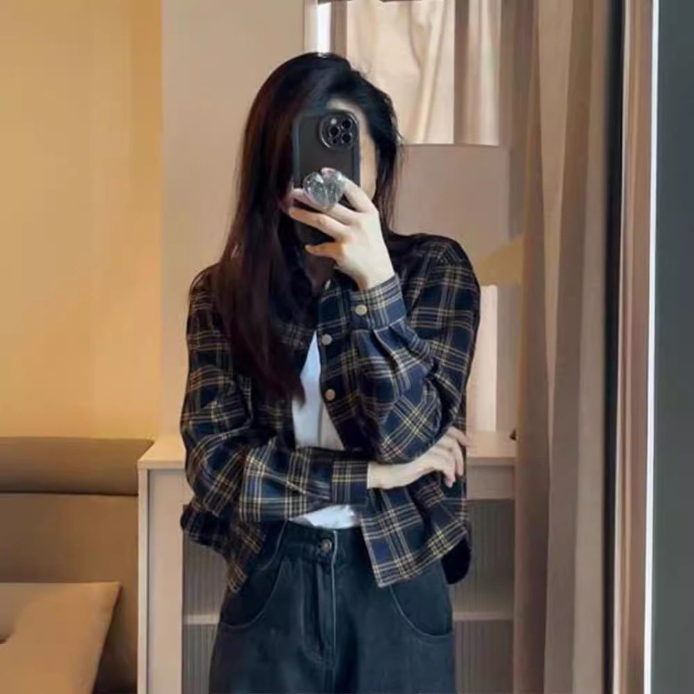 美式复古短款格子正肩衬衫外套女春秋款小个子设计感学生休闲