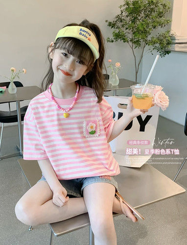 女童短袖t恤条纹夏装韩版